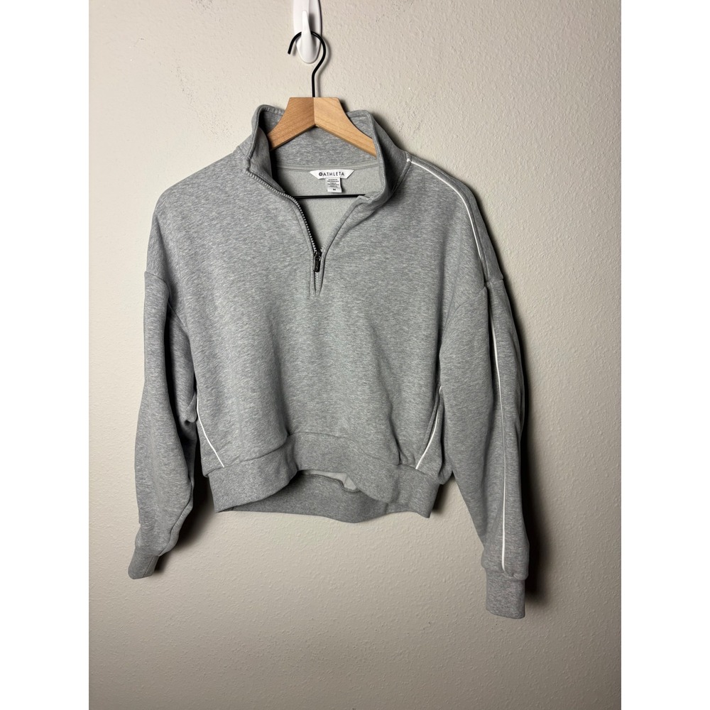 Athleta Forever Fleece 1/2 Zip High Hip Piping Sweatshirt Grey Heather M 712003